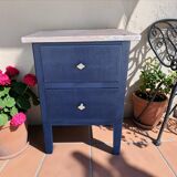 Tables de chevet MCM vintage – Bleu foncé, tiroirs et poignées laiton