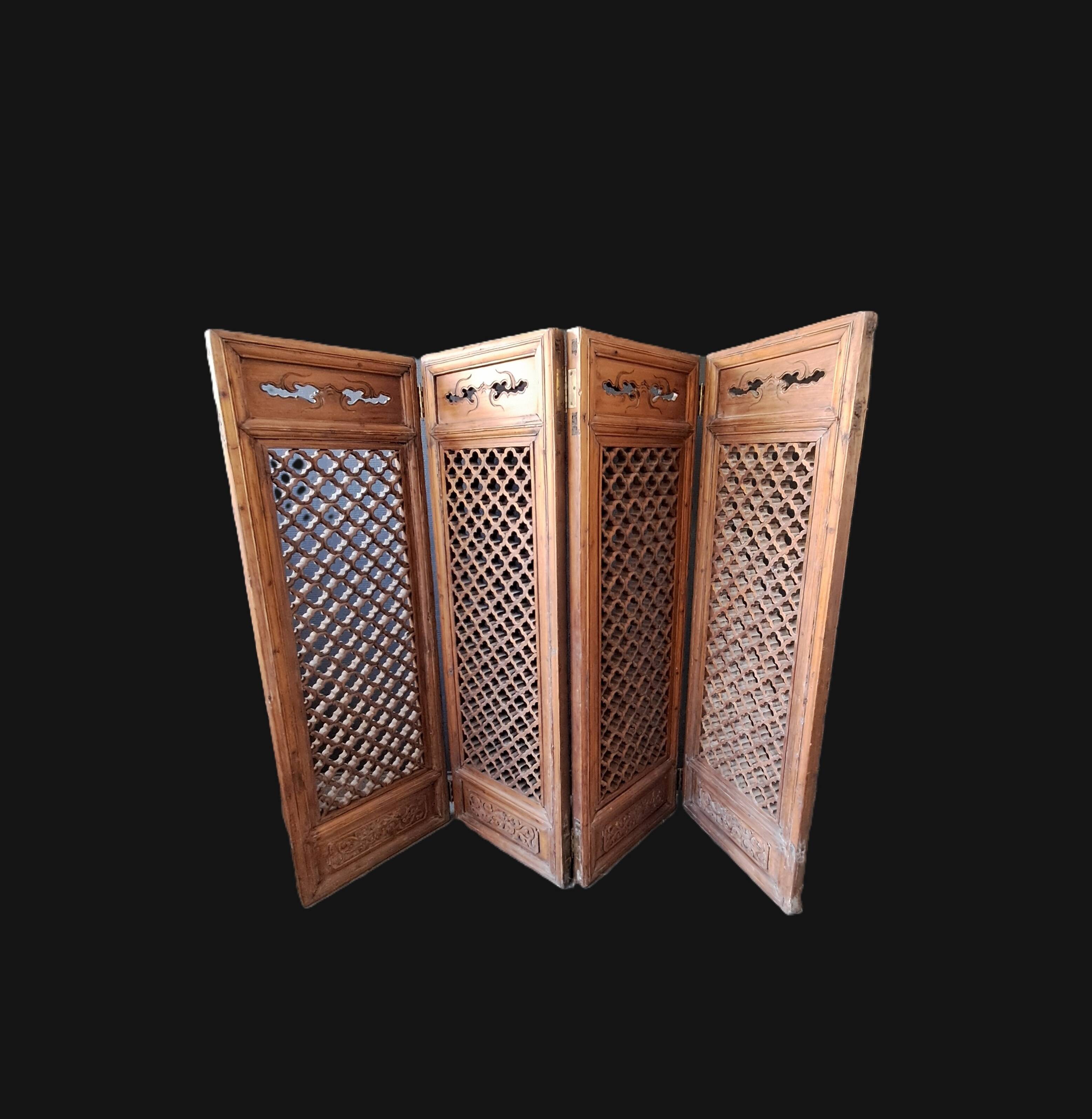 Antique Chinese Four-Panel Carved Wooden Screen