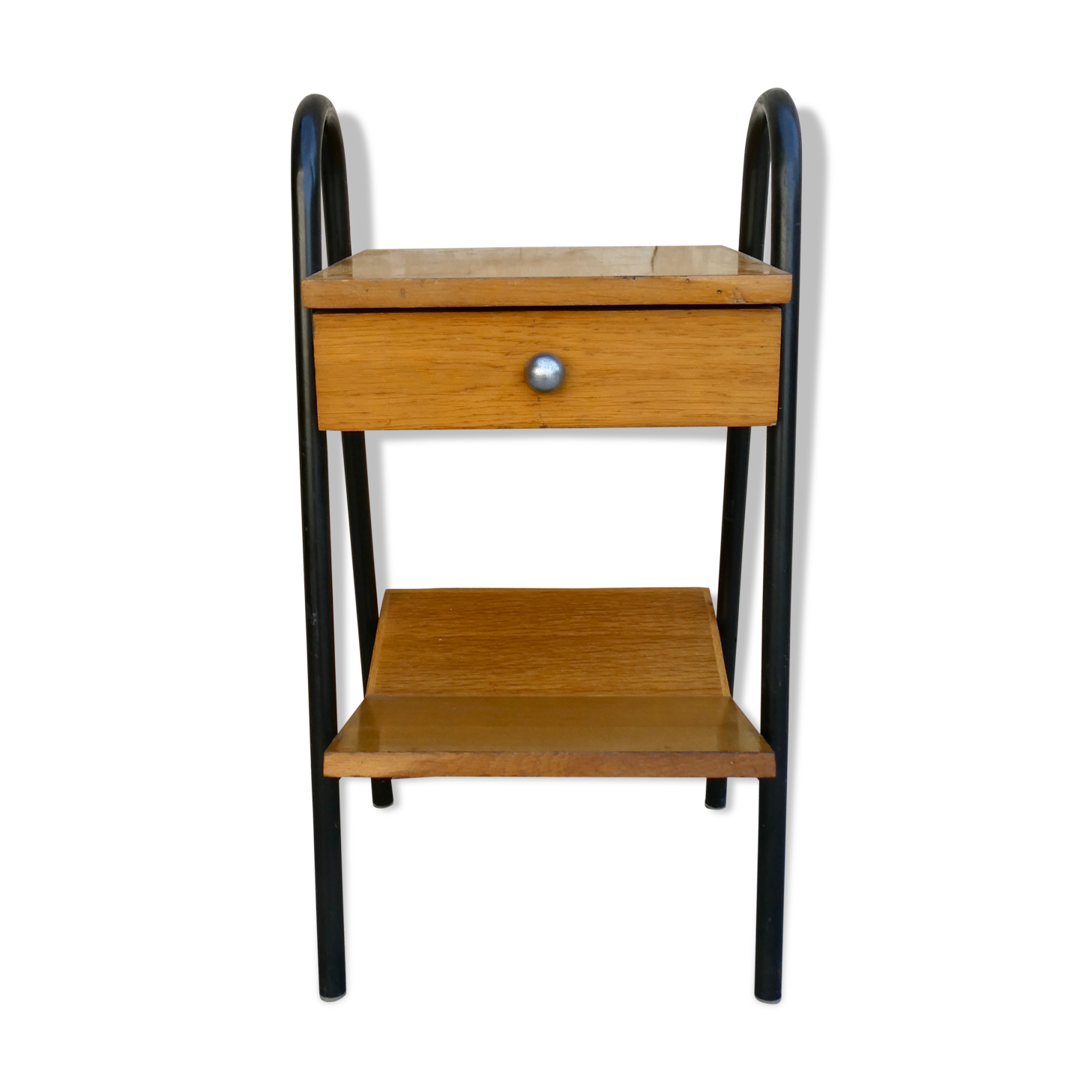 Wooden and metal boarding bedside table, 60s