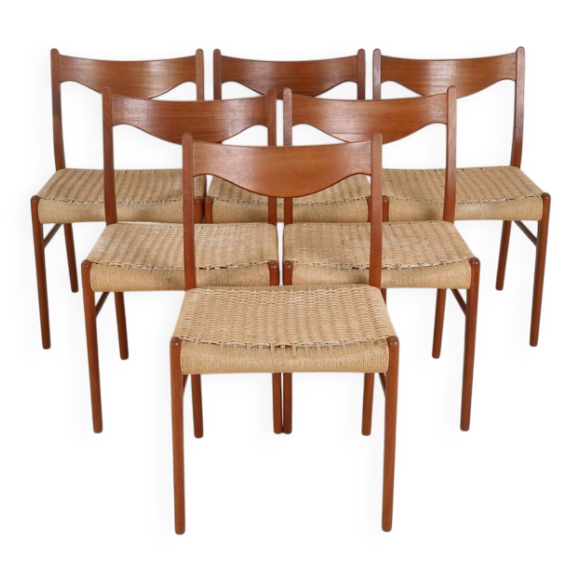 Ensemble de 6 chaises Glyngøre / Arne Wahl Iversen “GS 60” / teck / corde à papier / années 1960 / années 1970