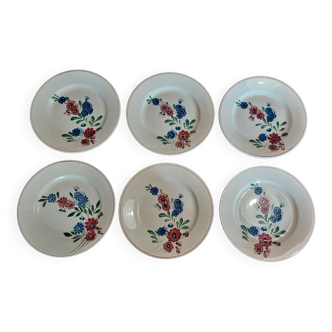 Série de six assiettes plates Digoin Sarreguemines décor Aigueperse début XXème