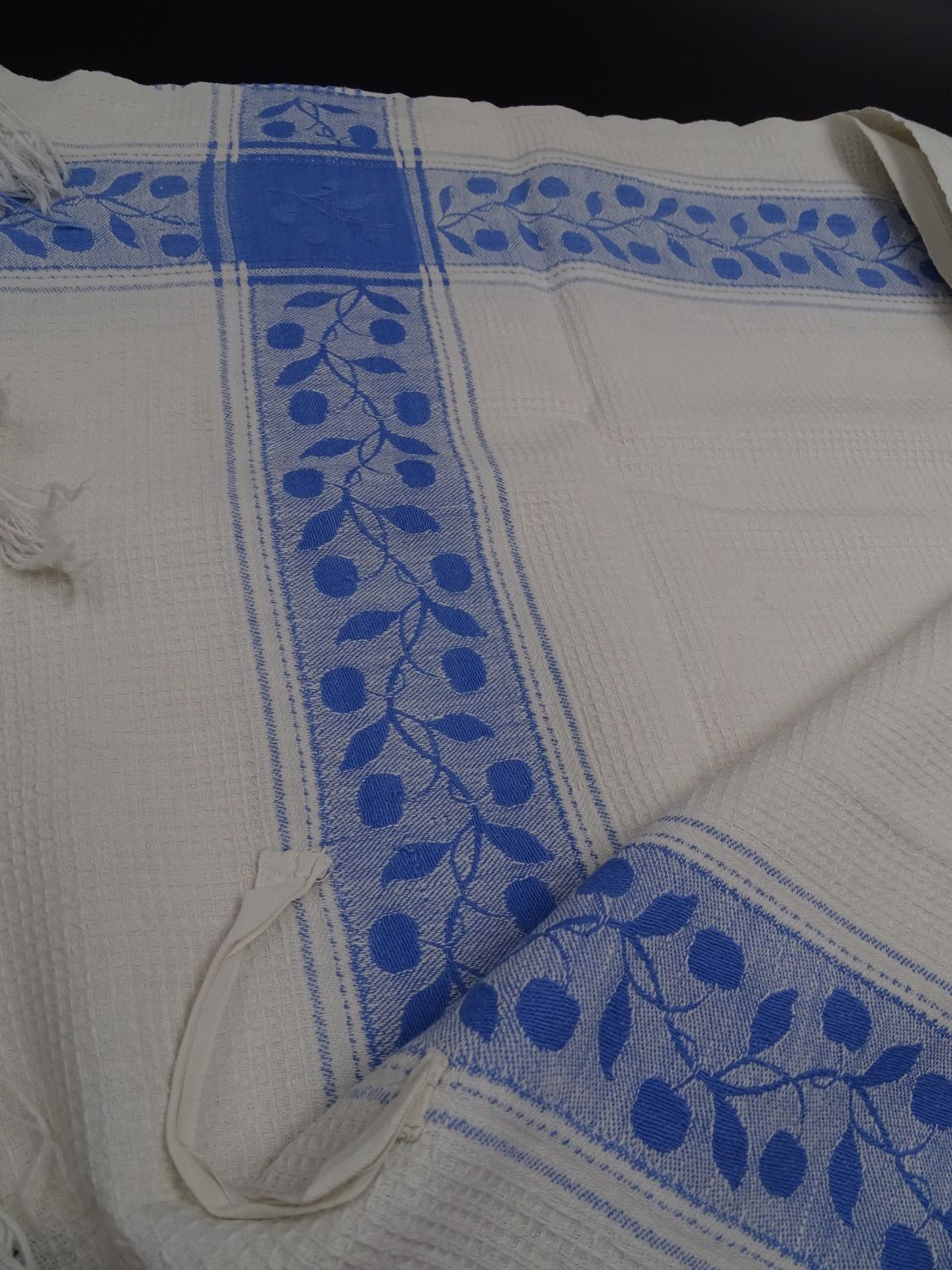 Lot of 2 old and cotton tea towels - Pretty blue friezes - Franges - Circa 1920-1930