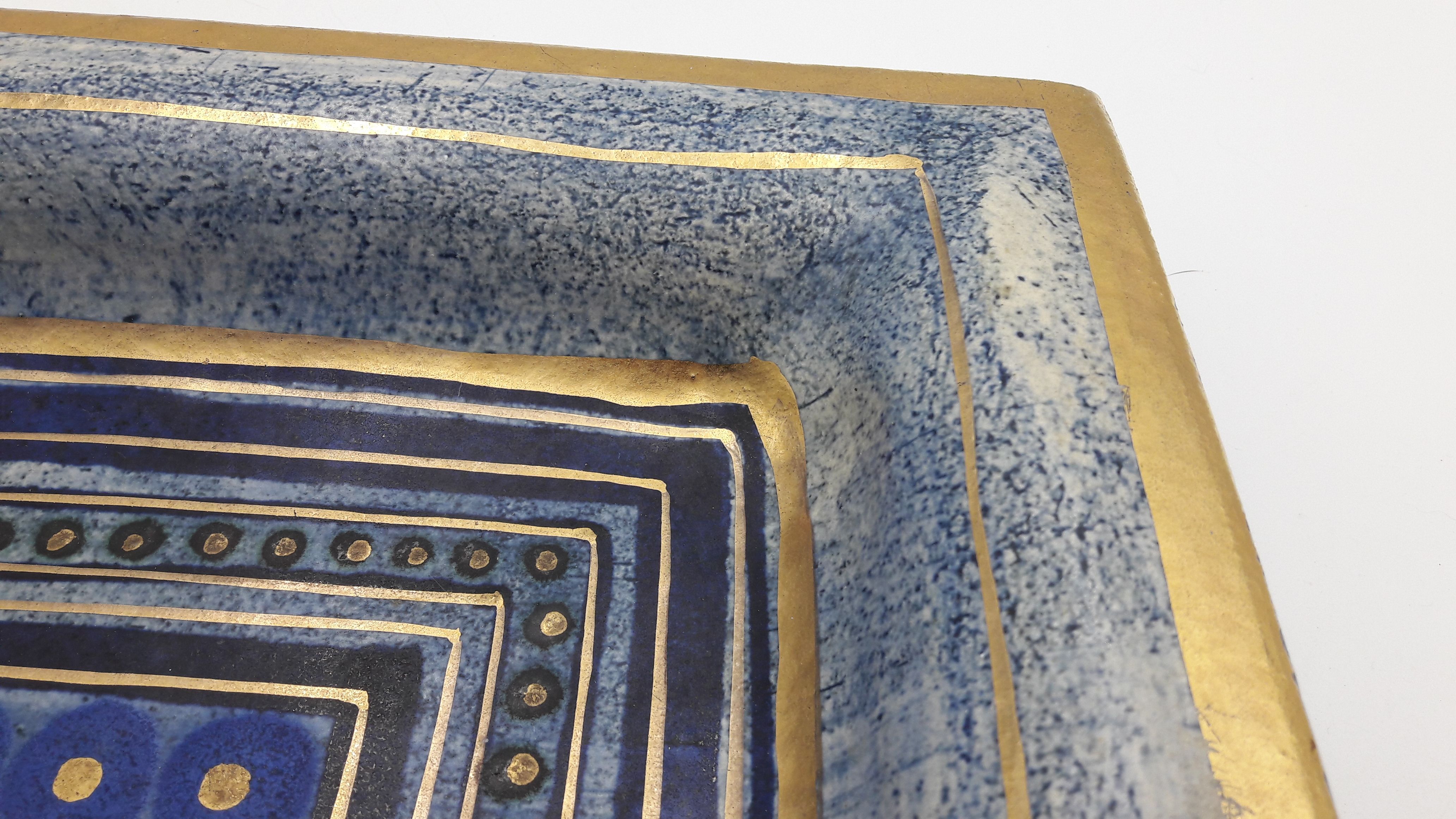 DECORATIVE CERAMIC DISH SIGN GEORGES PELLETIER GEOMETRIC DRAWING BLUE AND GOLD COLLECTION