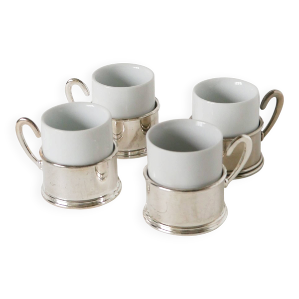 Ensemble de 4 tasses à café en porcelaine et métal argenté, 1970