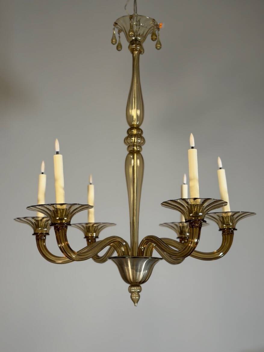 Venetian chandelier in gilded Murano glass by Venini circa 1920, 6 light arms.