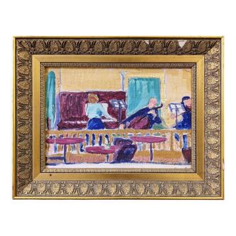 Peinture à l’huile figurative suédoise moderne du milieu du siècle « The Ensemble », encadrée