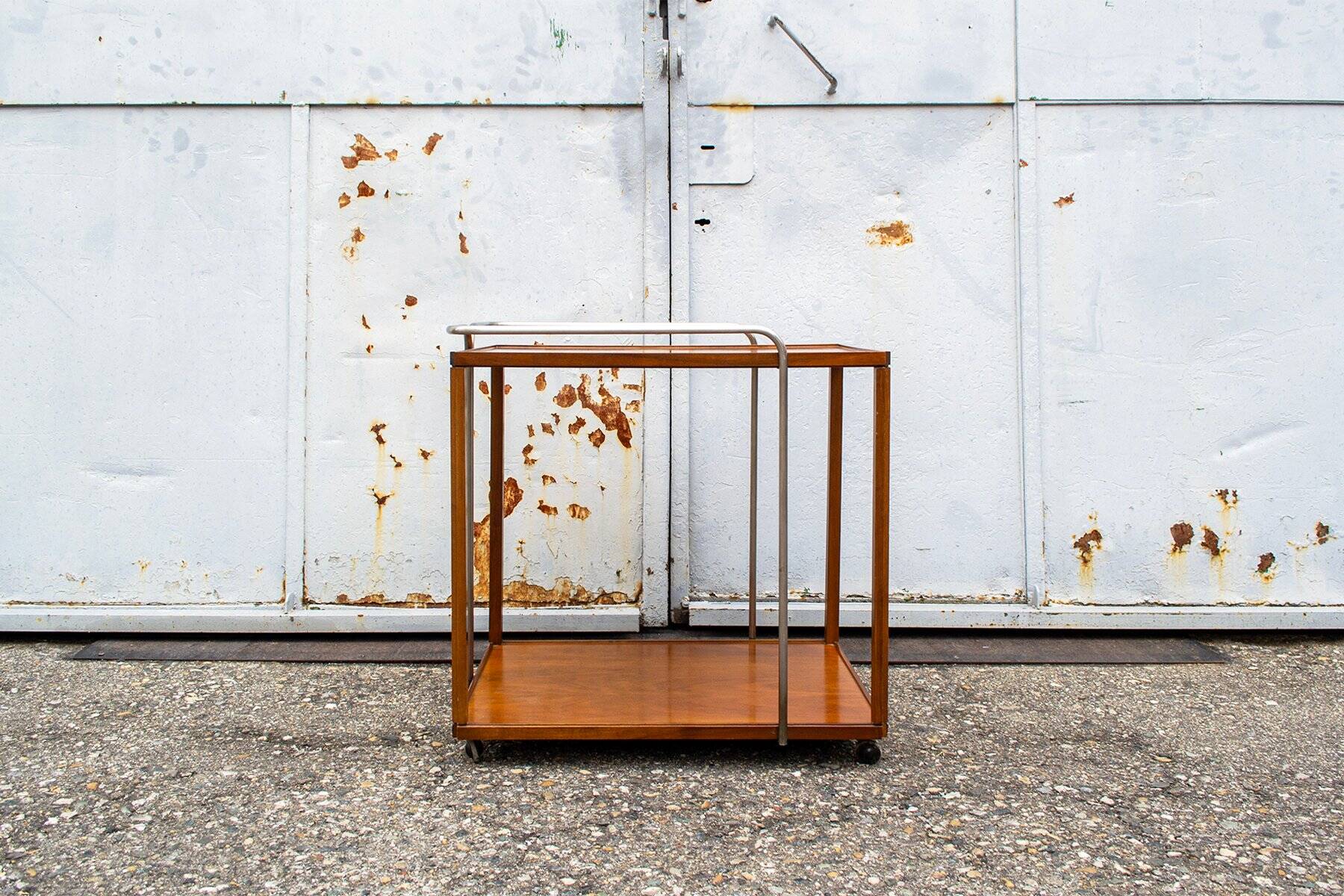 Wooden and chrome-plated metal bar cart, 1950s