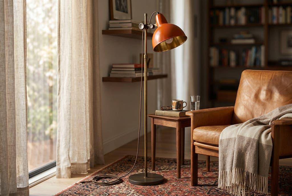 Vintage orange-red floor lamp with chrome.