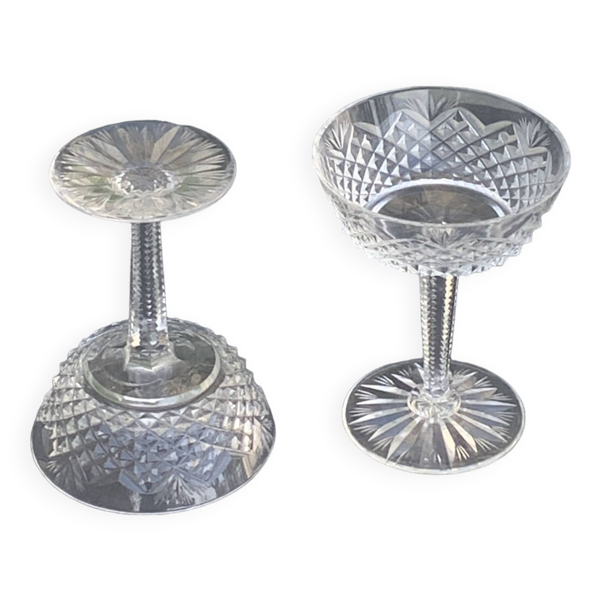 6 champagne glasses in glass and transparent crystal, antique chiseled