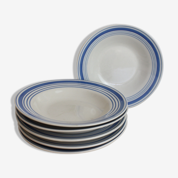 Set de 6 assiettes creuses blanches et bleues en céramique