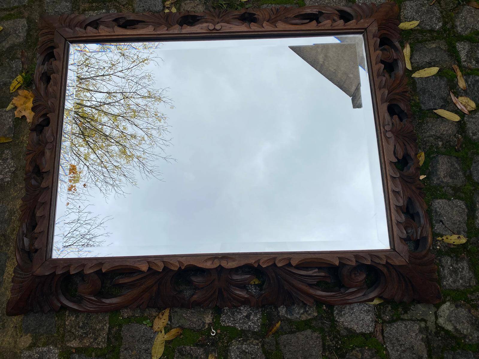 19th century carved solid wood mirror with beveled glass, 100x80cm
