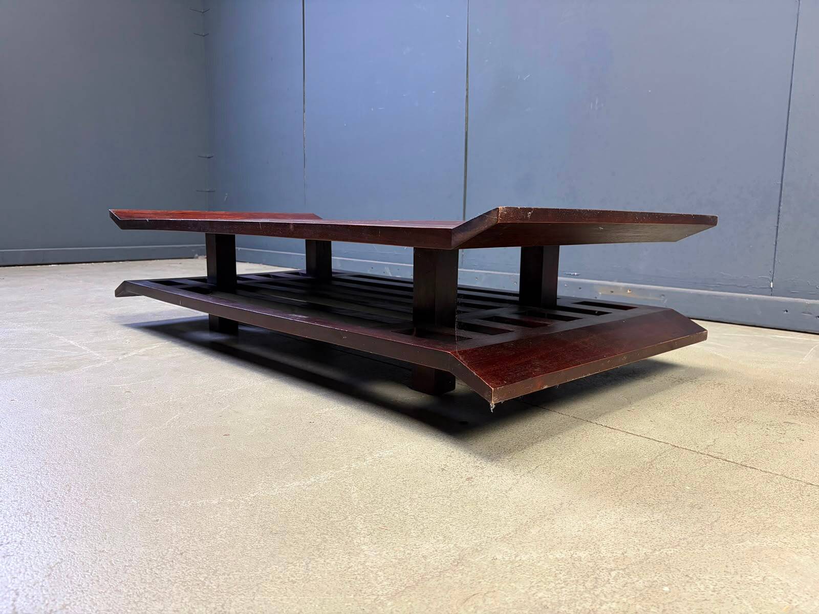 Two-tiered pagoda Wabi Sabi style coffee table in wood and bamboo, 1970s
