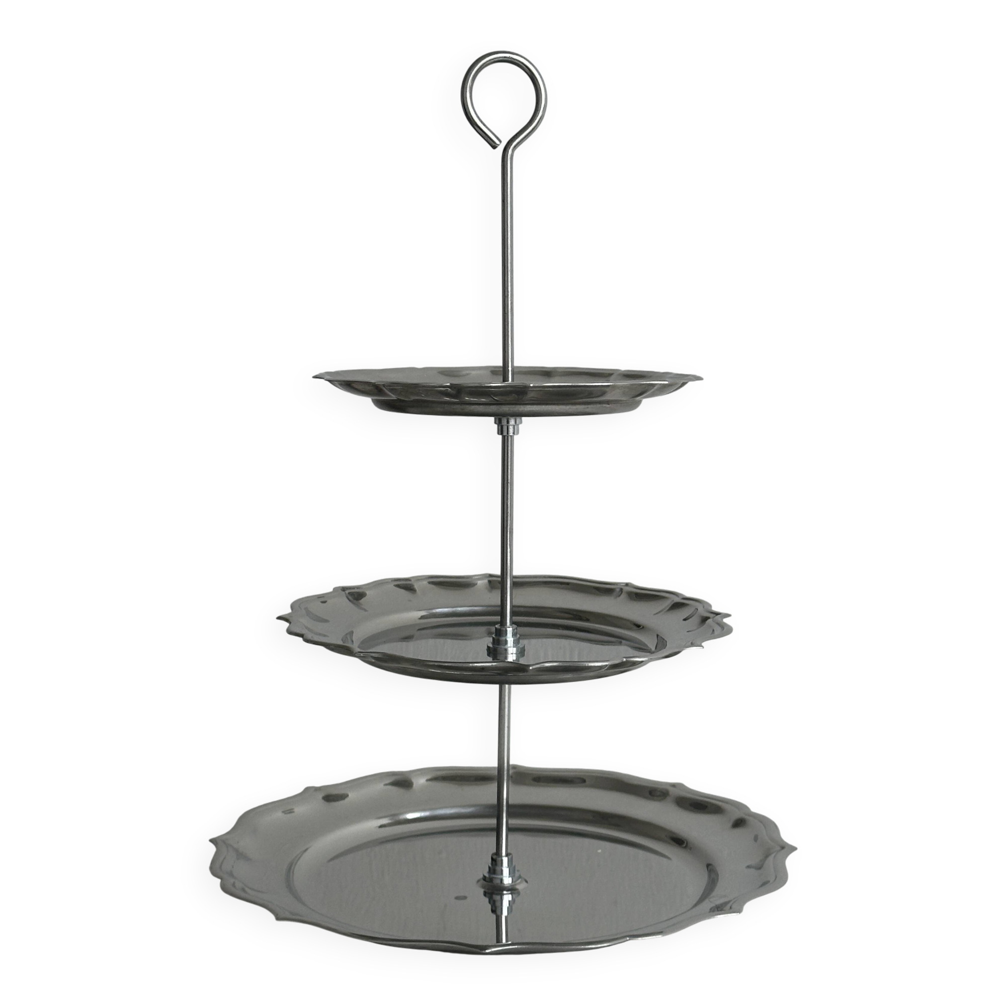 Three-tiered serving trolley in shiny stainless steel.