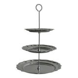 Three-tiered serving trolley in shiny stainless steel.