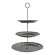 Three-tiered serving trolley in shiny stainless steel.