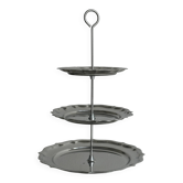 Three-tiered serving trolley in shiny stainless steel.