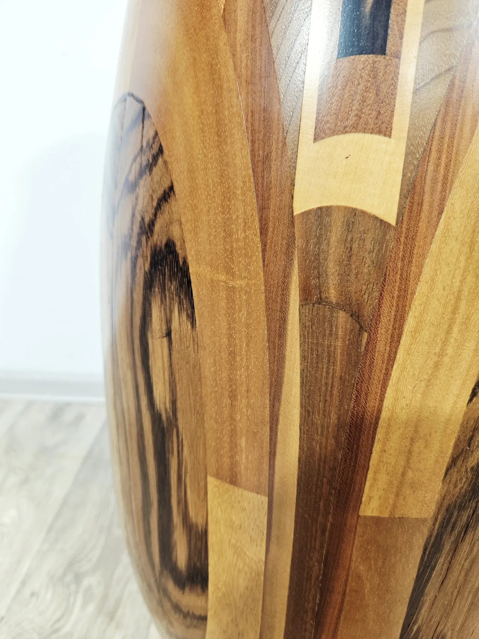 Monumental wooden floor vase / intarsia / wood mosaic / Africa / 1950s–1960