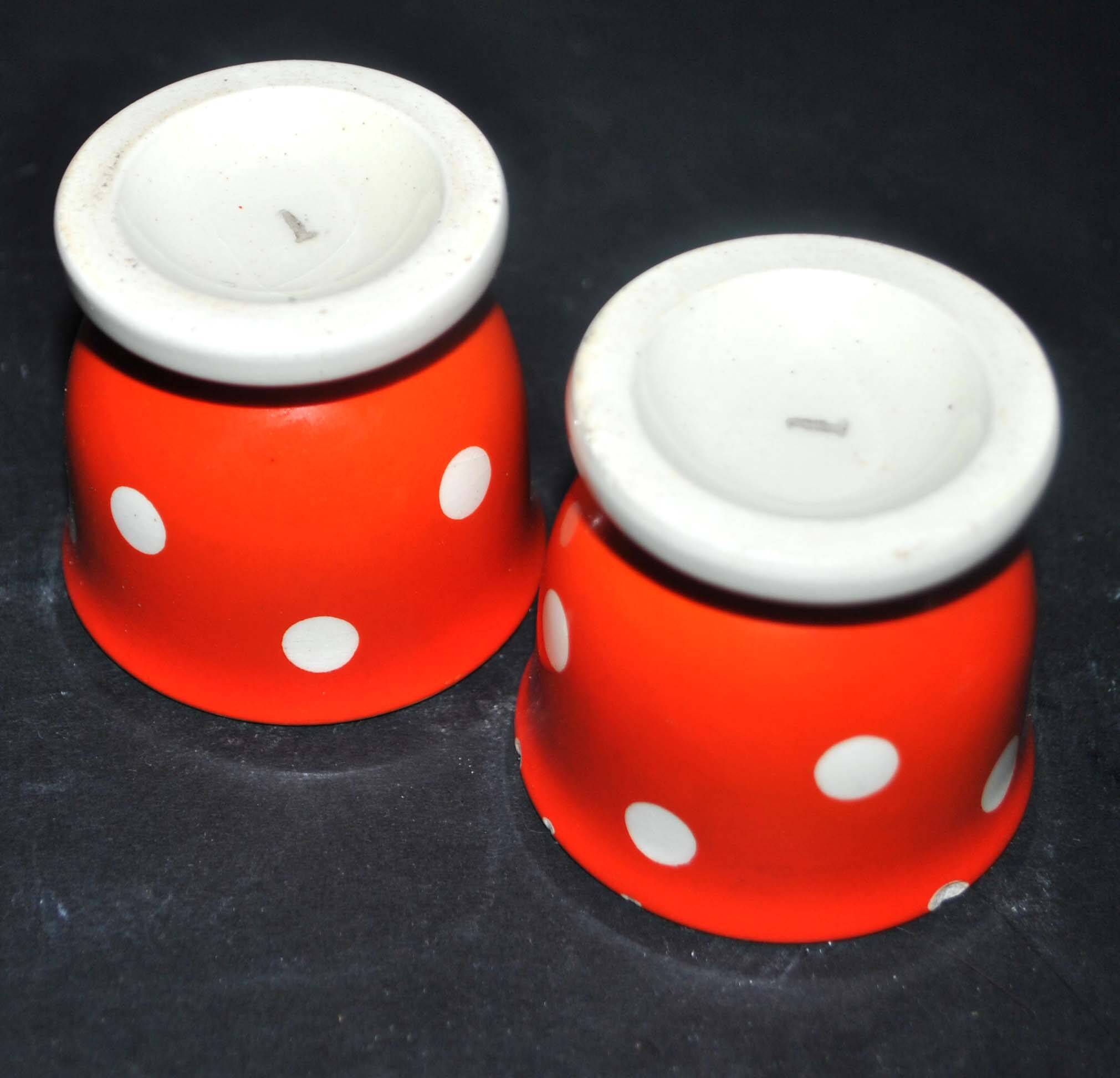 Set of 2 vintage egg cups in red earthenware with white polka dots 5cm