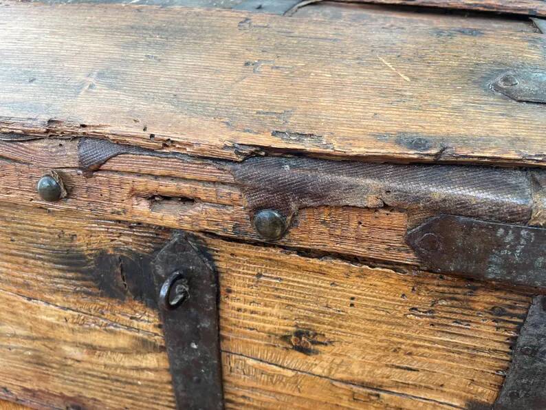 Antique French Wood Iron and Hide Handmade Wood Chest or Trunk