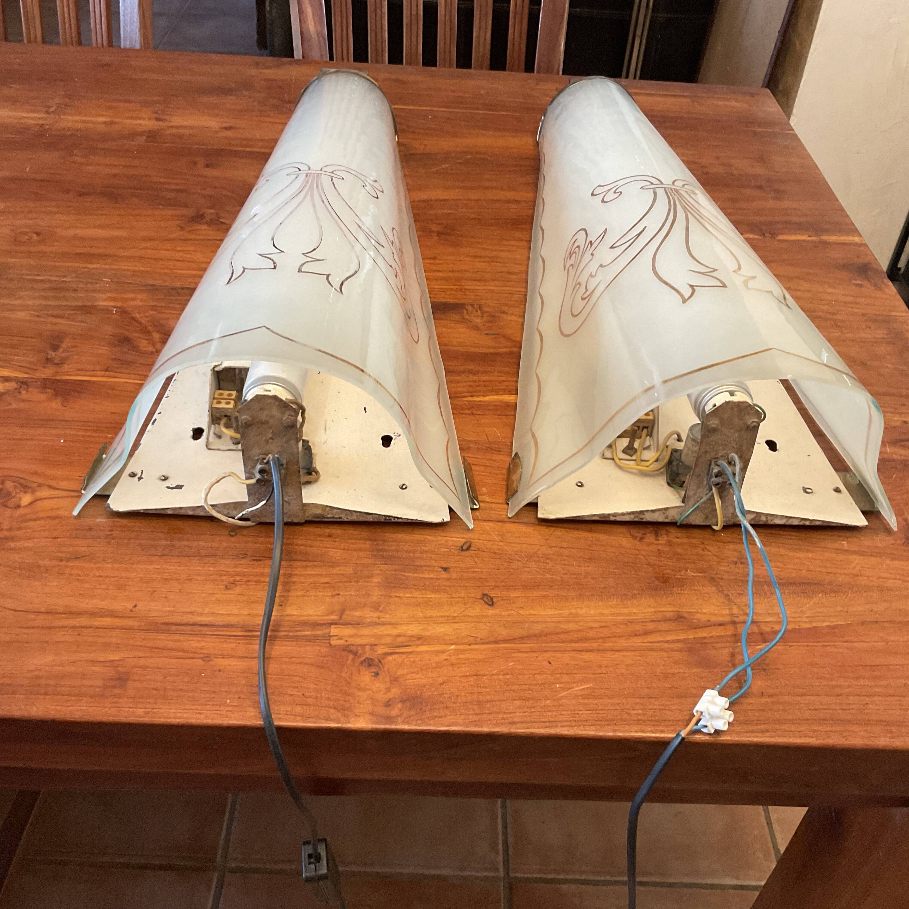 Large pair of art deco domed glass hotel lobby sconces