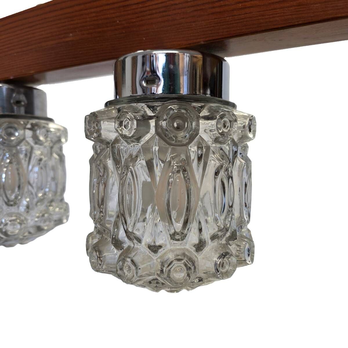 Mid-century pendant lamp with wooden frame and three pressed glass shades,