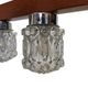 Mid-century pendant lamp with wooden frame and three pressed glass shades,