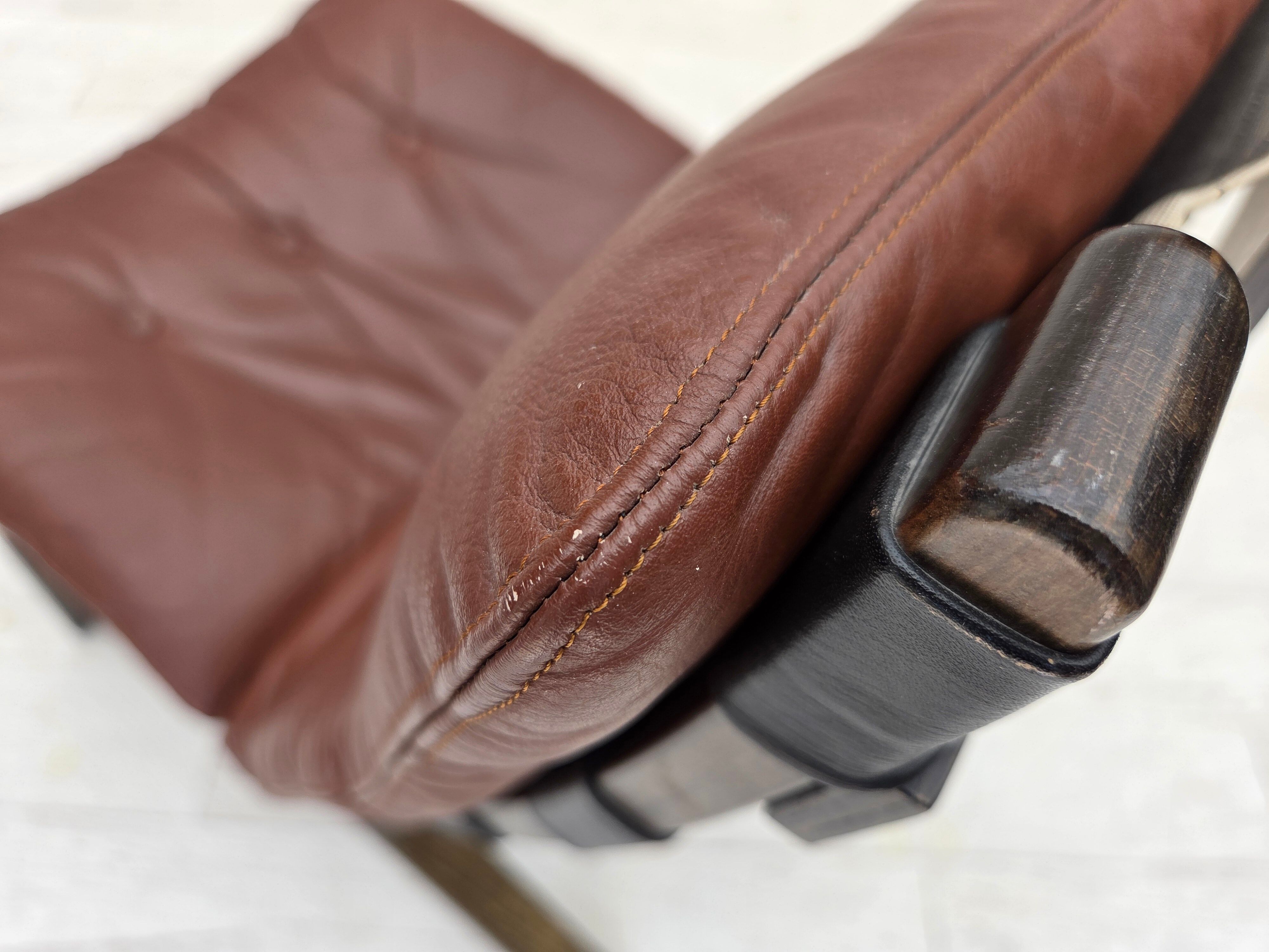 1970s, Danish loungechair by Farstrup, leather, canvas, bent wood.