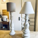 Pair of turned and bleached wood lamps
