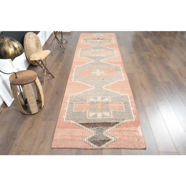 1970s Turkish Oushak Handmade Wool Cotton Orange Runner Rug 102x381
