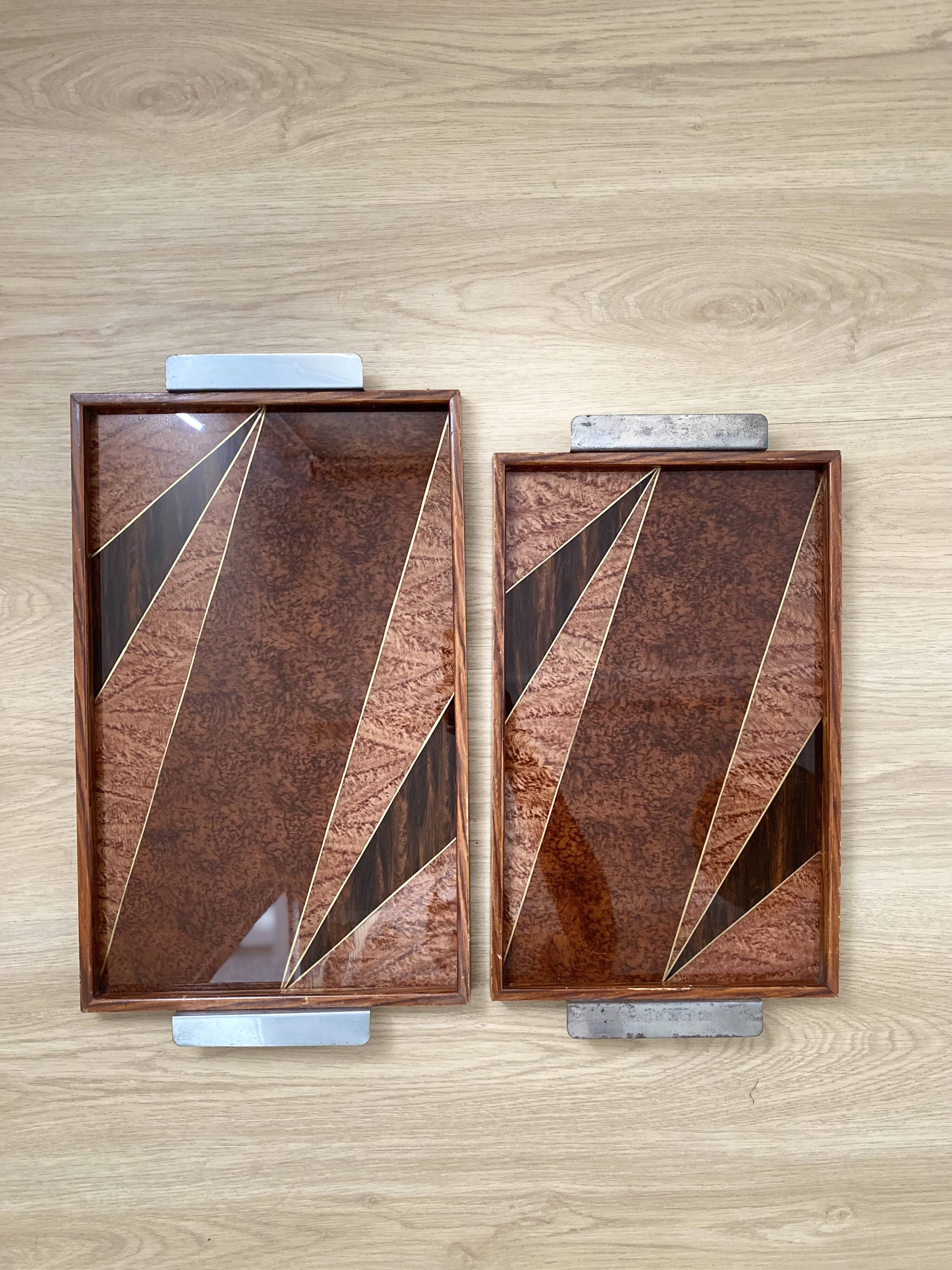 Duo of vintage wooden trays marked art deco