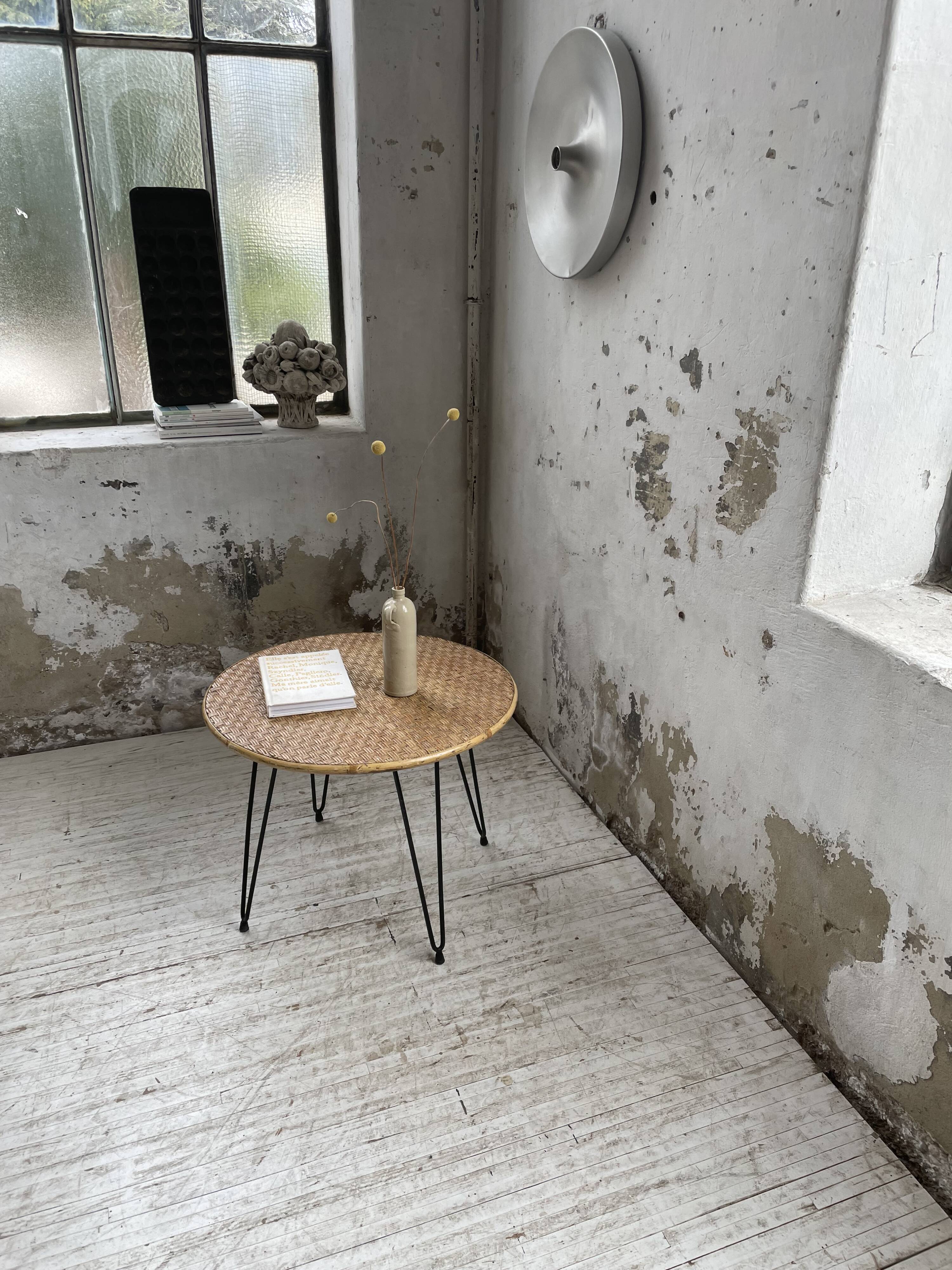 Wicker and metal coffee table from the 1950s