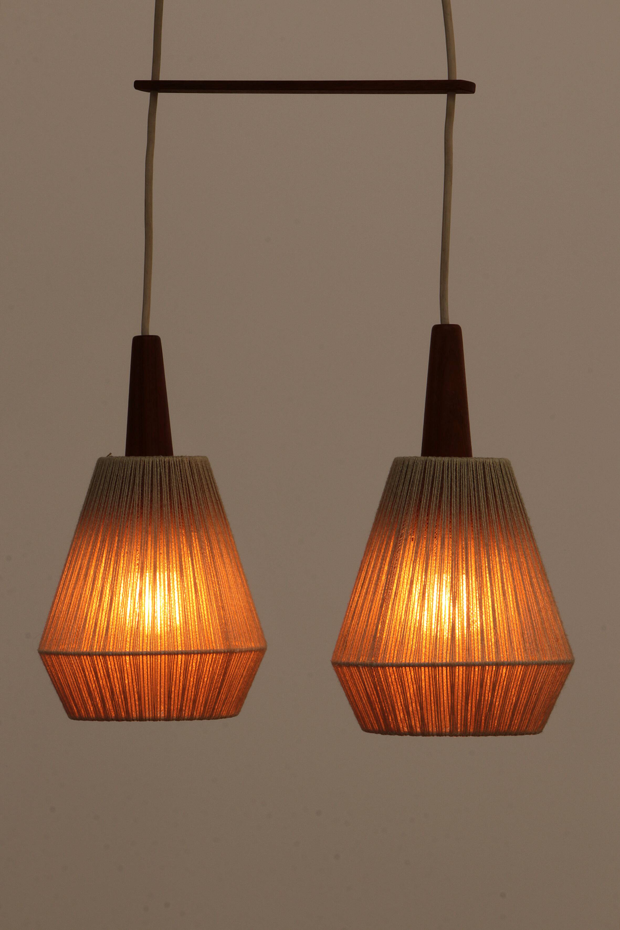 Vintage hanging lamp with two shades and teak, 1960s Sweden
