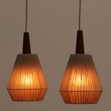 Vintage hanging lamp with two shades and teak, 1960s Sweden
