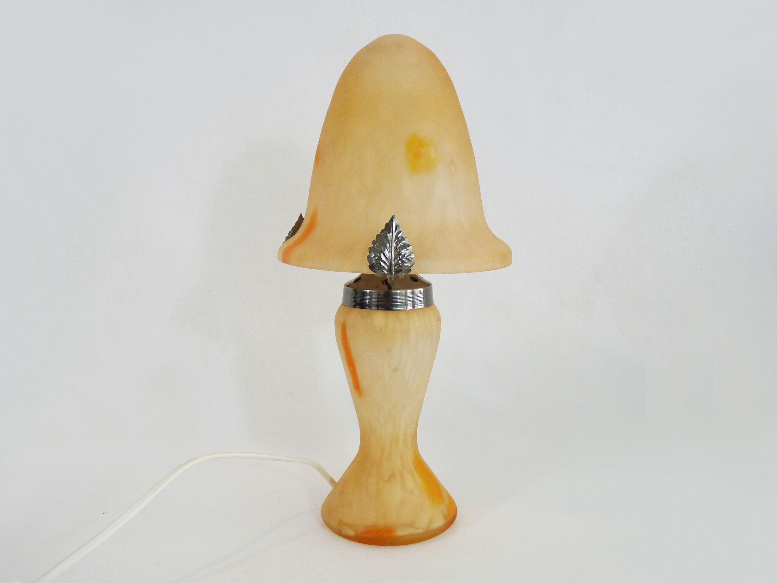 Lampe champignon en pâte de verre orange tacheté blanc et orange années