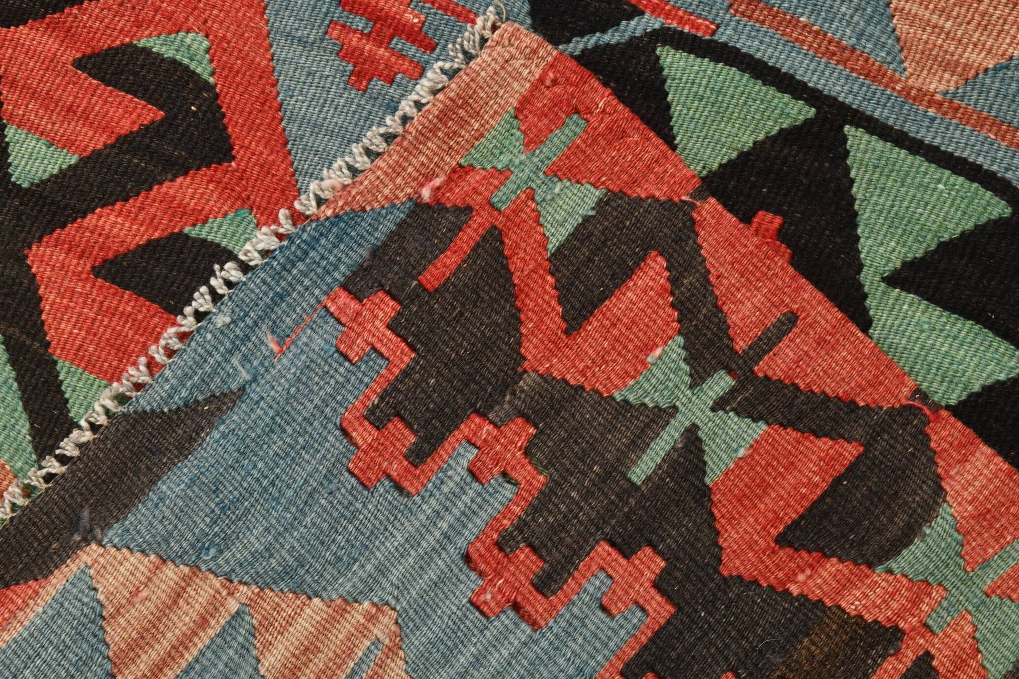 Kilim vintage anatolien tons bleu, vert et rouge géométrique, 160x317 Cm