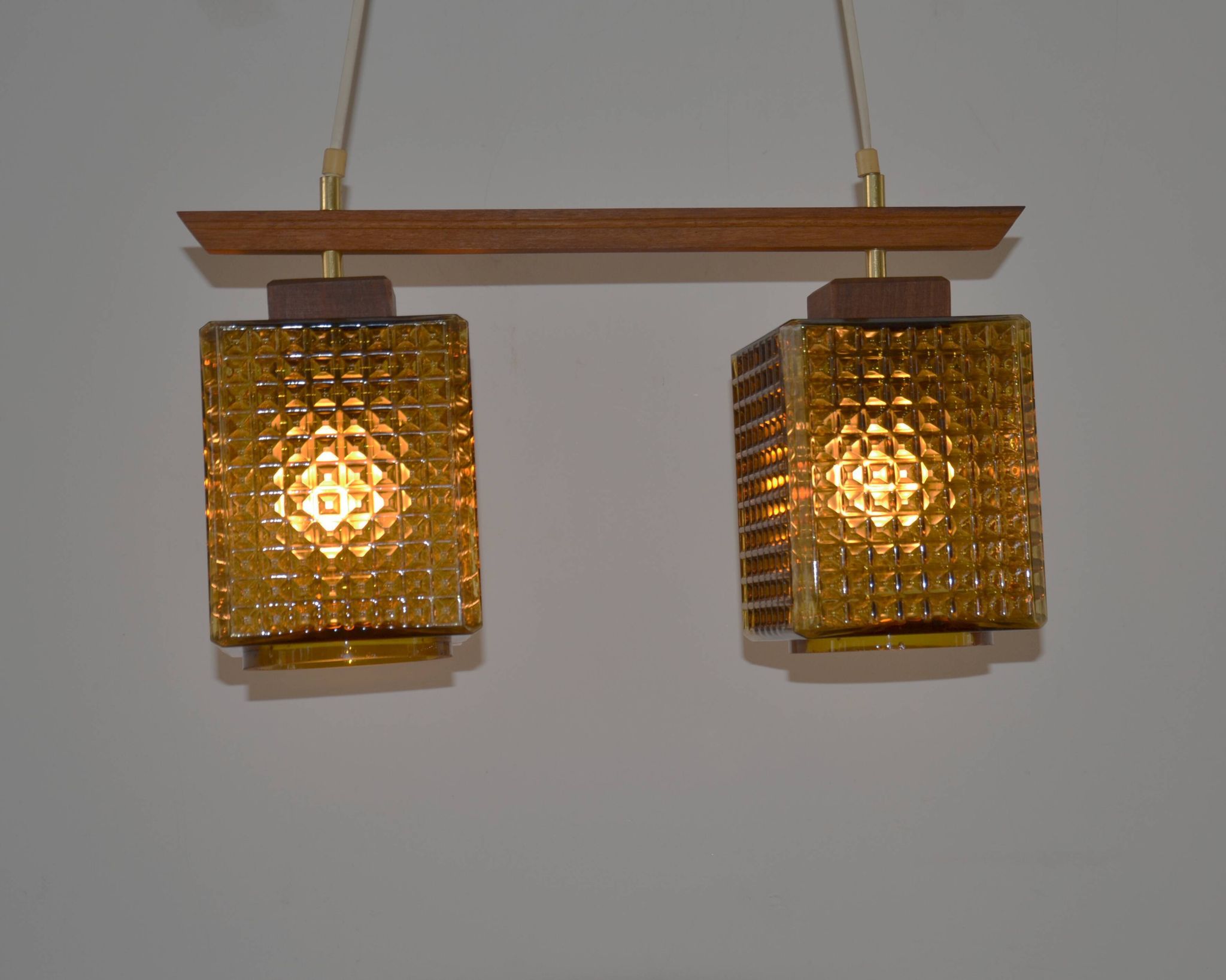 Vintage scandinavian smoked glass and teak dual pendant light by Orrefors, 1960s