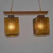 Vintage scandinavian smoked glass and teak dual pendant light by Orrefors, 1960s