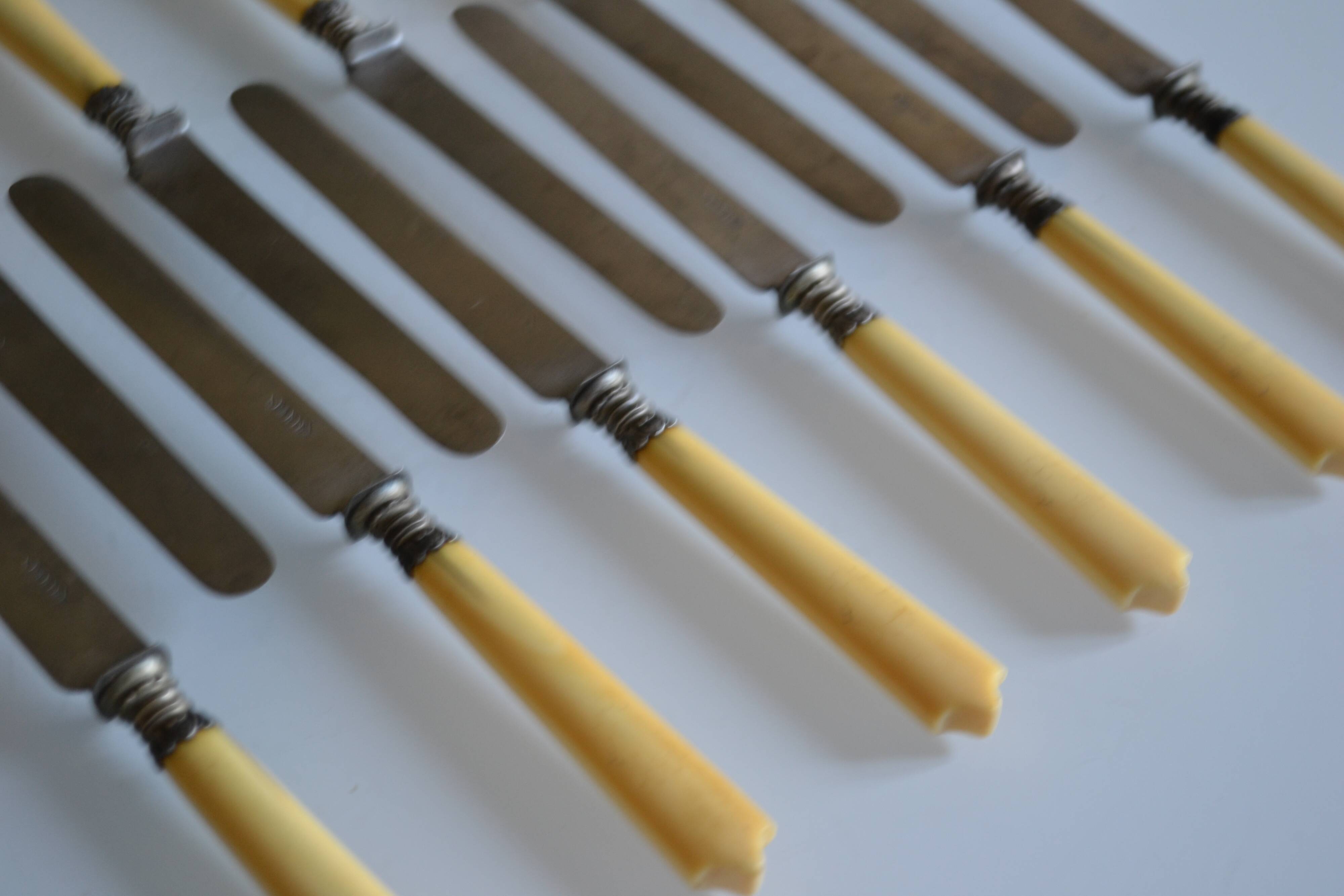 11 antique dessert knives from the 19th century with ivory-colored handles and a monogram