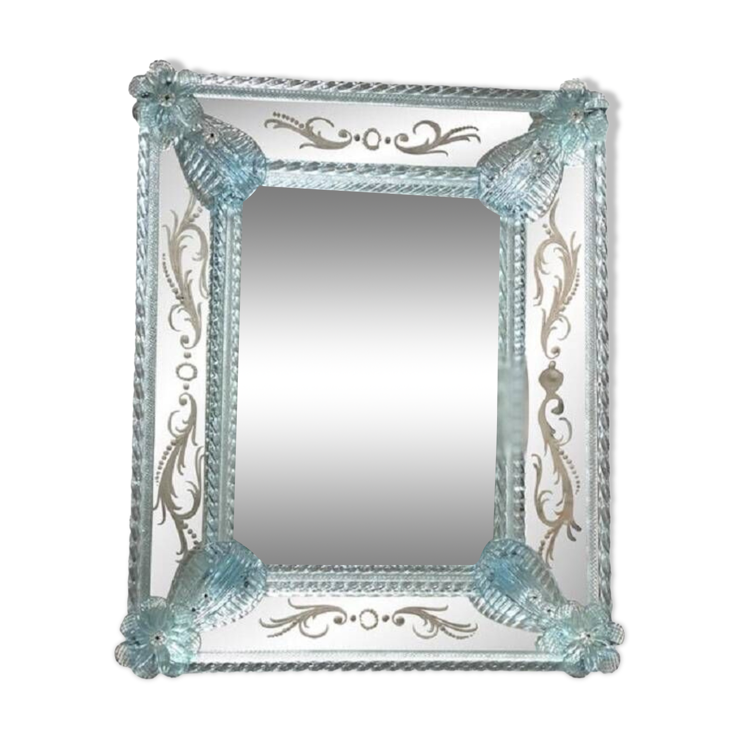 Venetian rectangular light-blue floreal hand-carving mirror in murano glass style