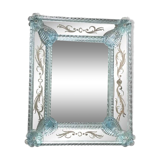 Venetian rectangular light-blue floreal hand-carving mirror in murano glass style