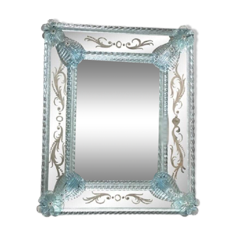 Venetian rectangular light-blue floreal hand-carving mirror in murano glass style