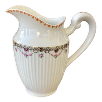 Round ribbed milk jug in Limoges porcelain Julien Balleroy & Cie geometric and floral frieze