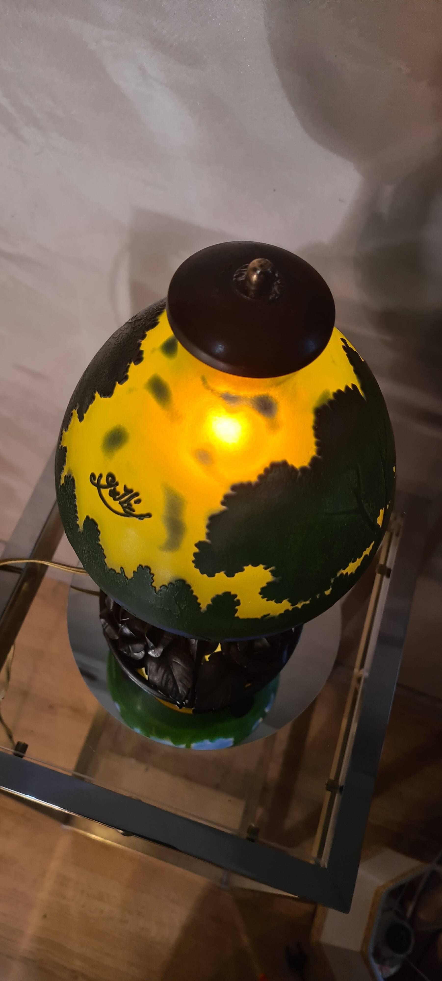 Wrought iron lamp with superb Emile Galle art nouveau lampshade, acid-free in multi-layer