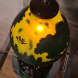 Wrought iron lamp with superb Emile Galle art nouveau lampshade, acid-free in multi-layer