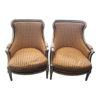 Pair of Louis XVI armchairs patinated beige and yellow checkered fabric