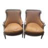 Pair of Louis XVI armchairs patinated beige and yellow checkered fabric