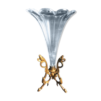 Vase cornet en cristal et bronze XIX eme