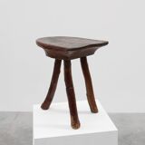 French wabi sabi low tripod stool in solid wood, 1850s