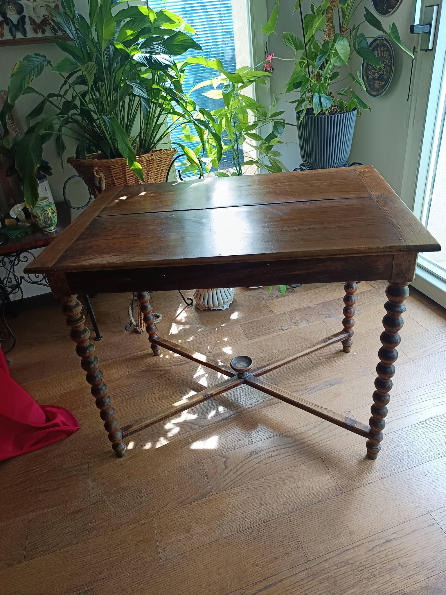 Antique solid walnut table with turned legs, france, late 19th century