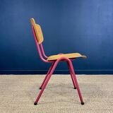 Set of 4 light wood school chairs with fuchsia legs, Netherlands, 1970s